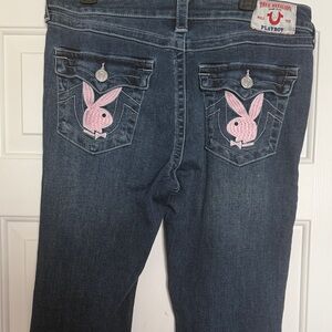 PLAYBOY Women's Dark Blue Boot Cut Jeans with Pink Bunny Embroidery